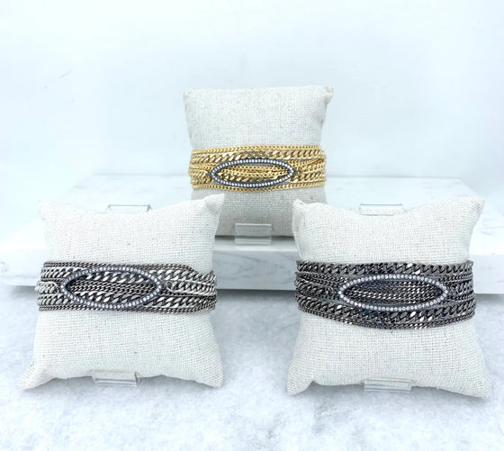 Multi Chains Bracelet with Open Pave Oval Antique Silver