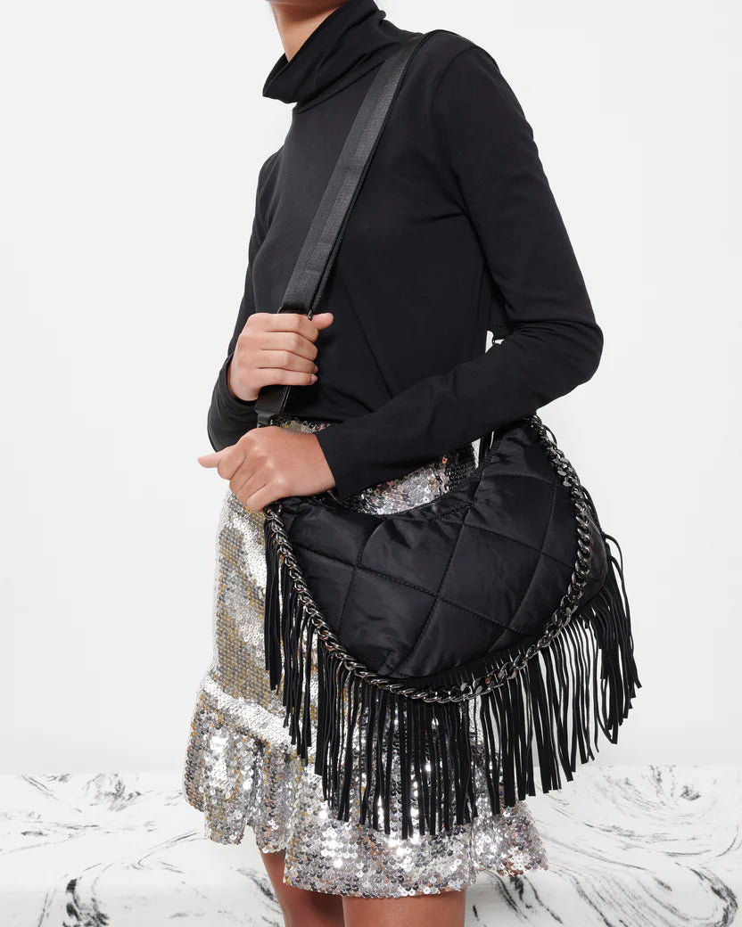 MZ Wallace Quilted Small Bowery Shoulder Bag Black Fringe