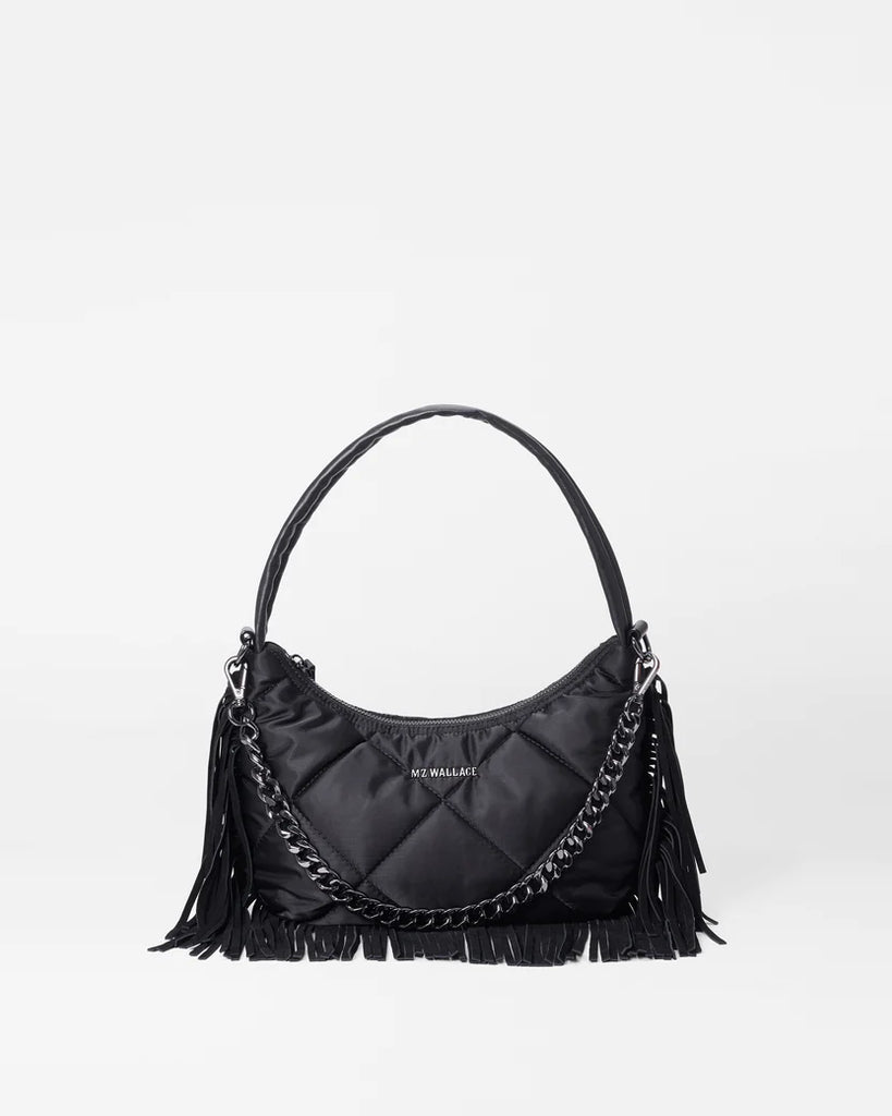 MZ Wallace Quilted Small Bowery Shoulder Bag Black Fringe