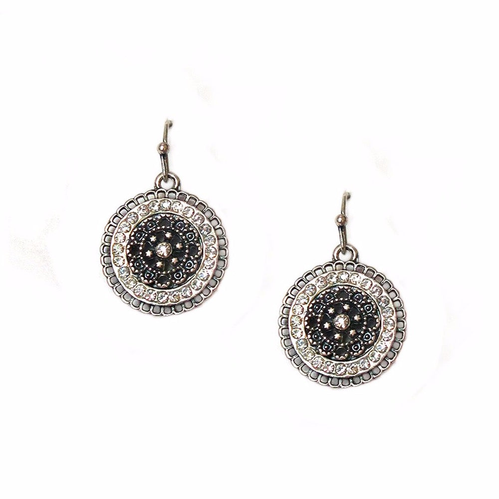 Crystal Disc Earrings Antique Silver